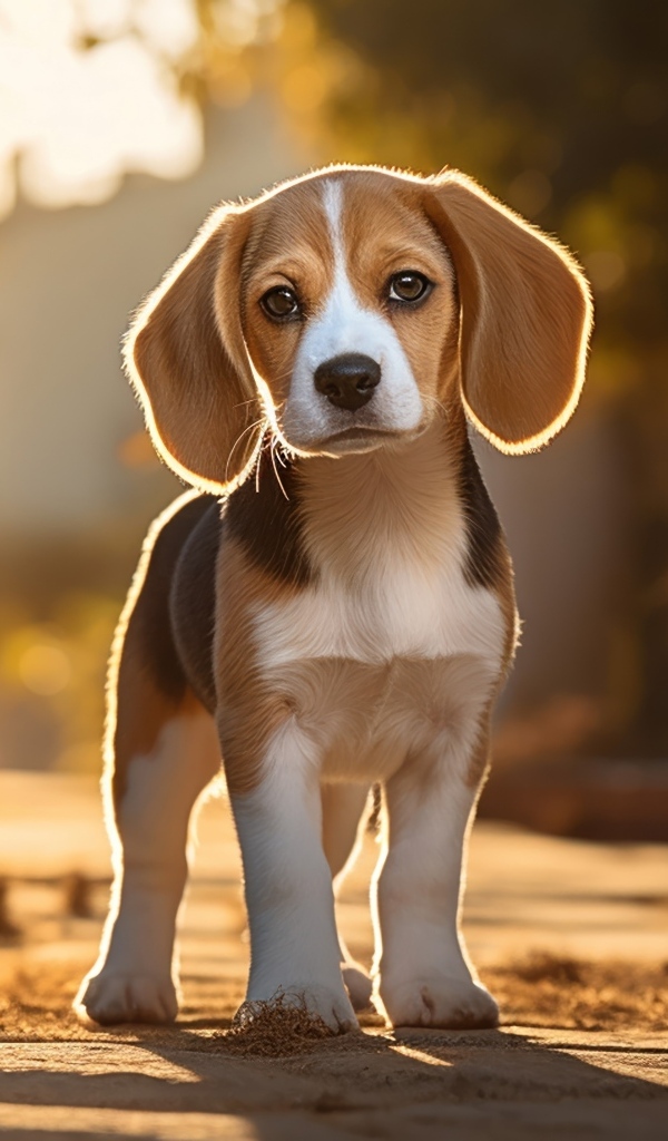 Щенок бигля стоит на дороге