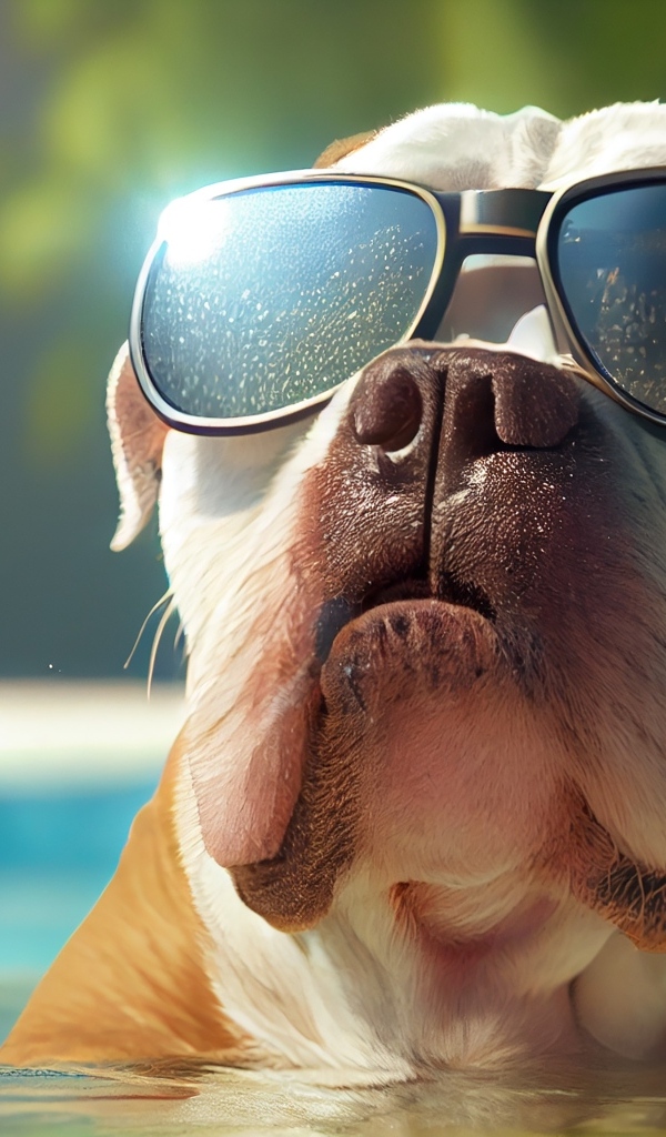 Бульдог в очках сидит в воде