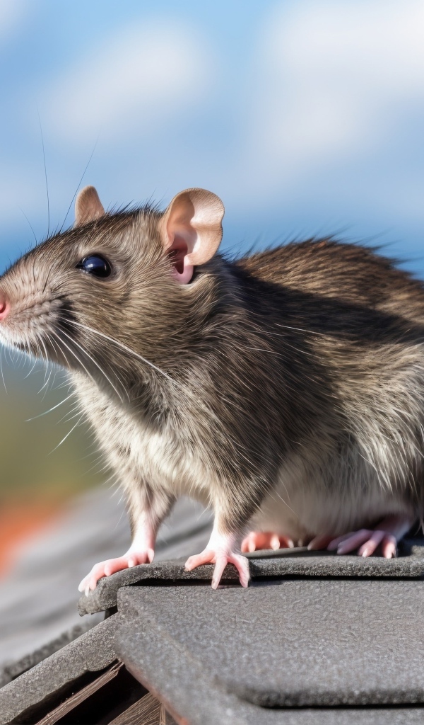 Серая крыса сидит на крыше
