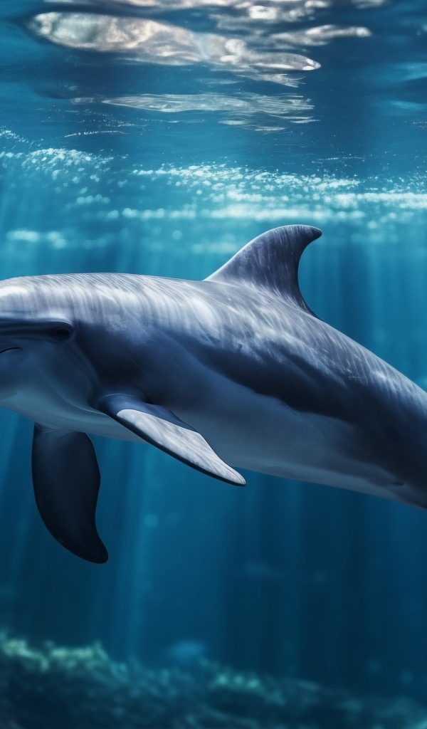 Красивый дельфин под водой в лучах солнца