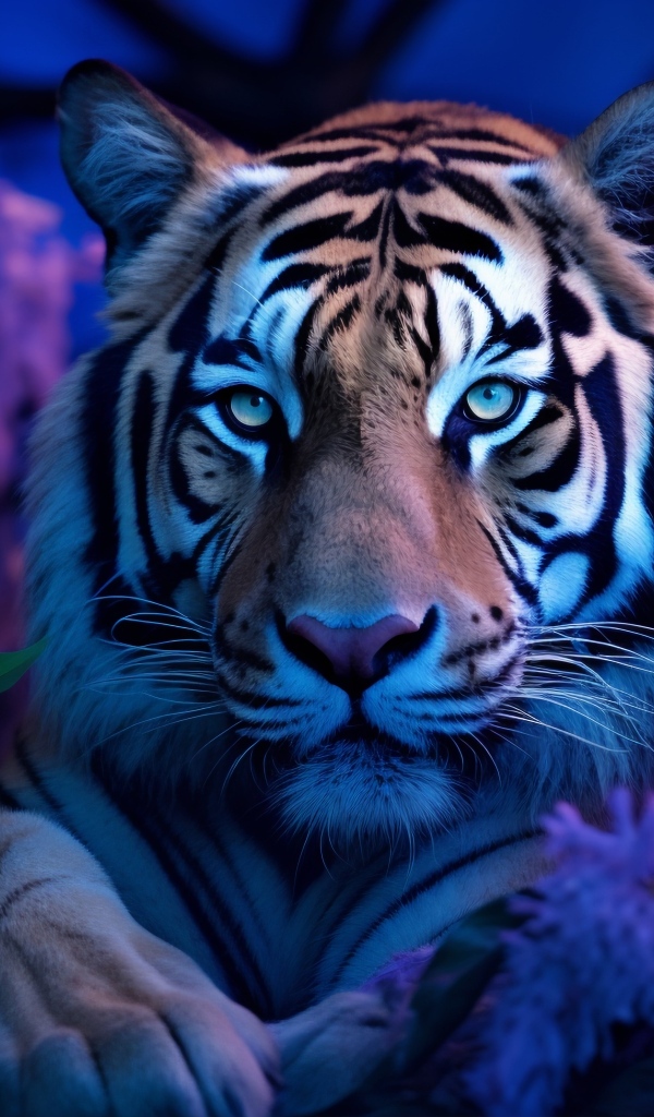 Большой полосатый тигр в цветах