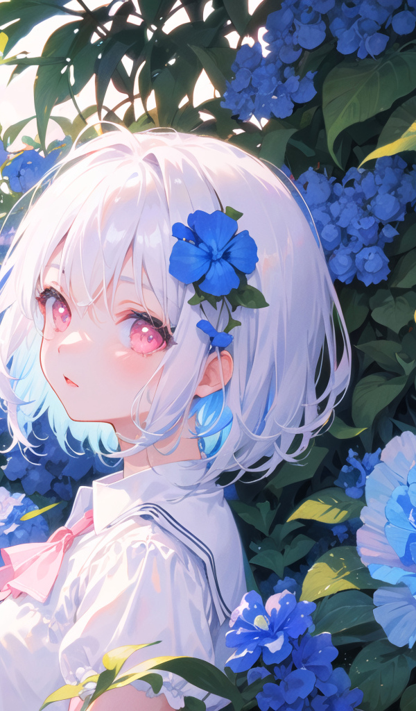 Девушка аниме на фоне голубых цветов