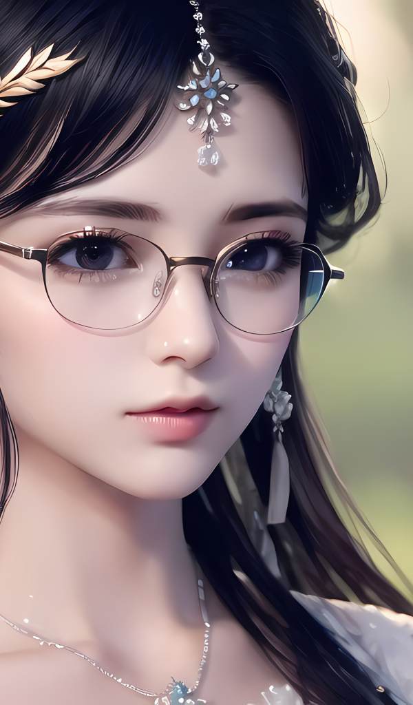 Девушка аниме в очках с украшениями на голове