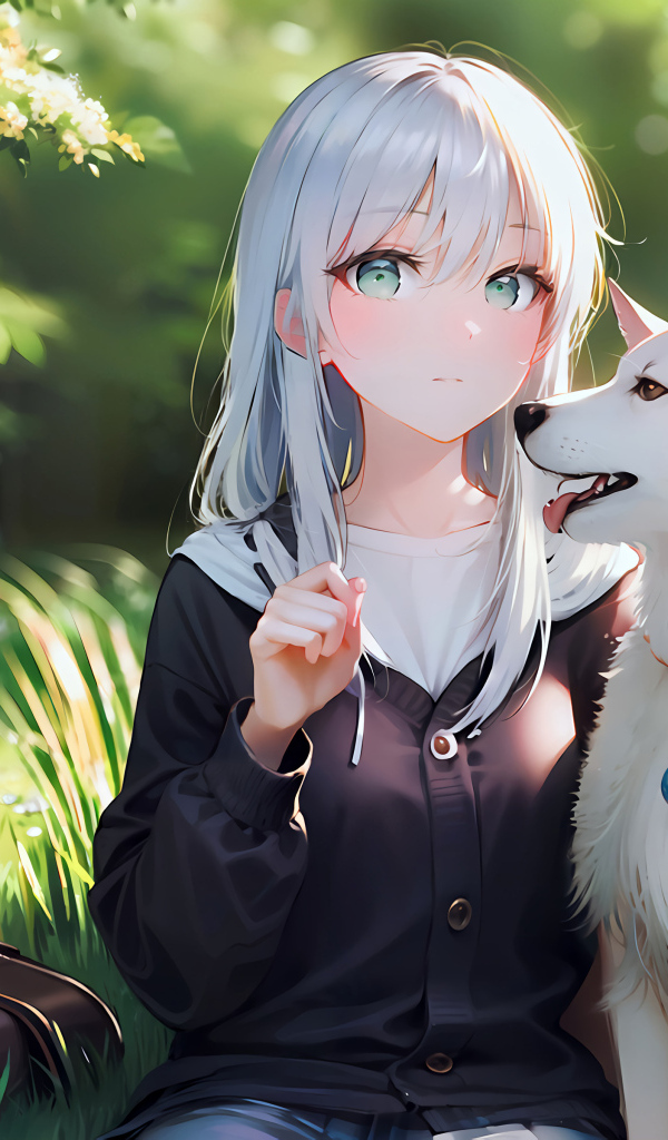 Девушка аниме с белой собакой в парке