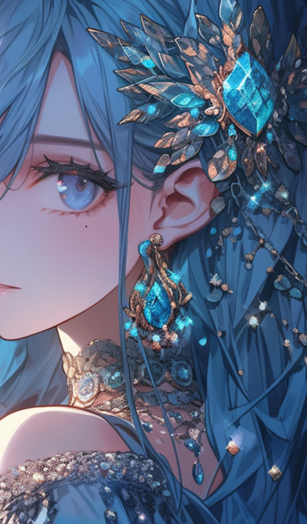 Девушка аниме с синими волосами с драгоценными камнями