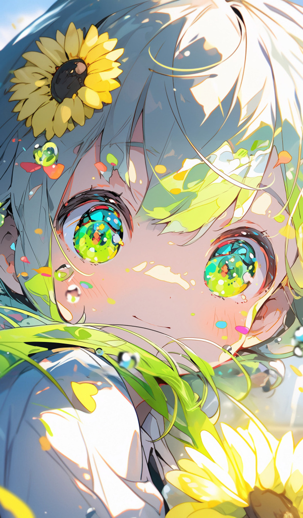Зеленоглазая девочка аниме с подсолнухами