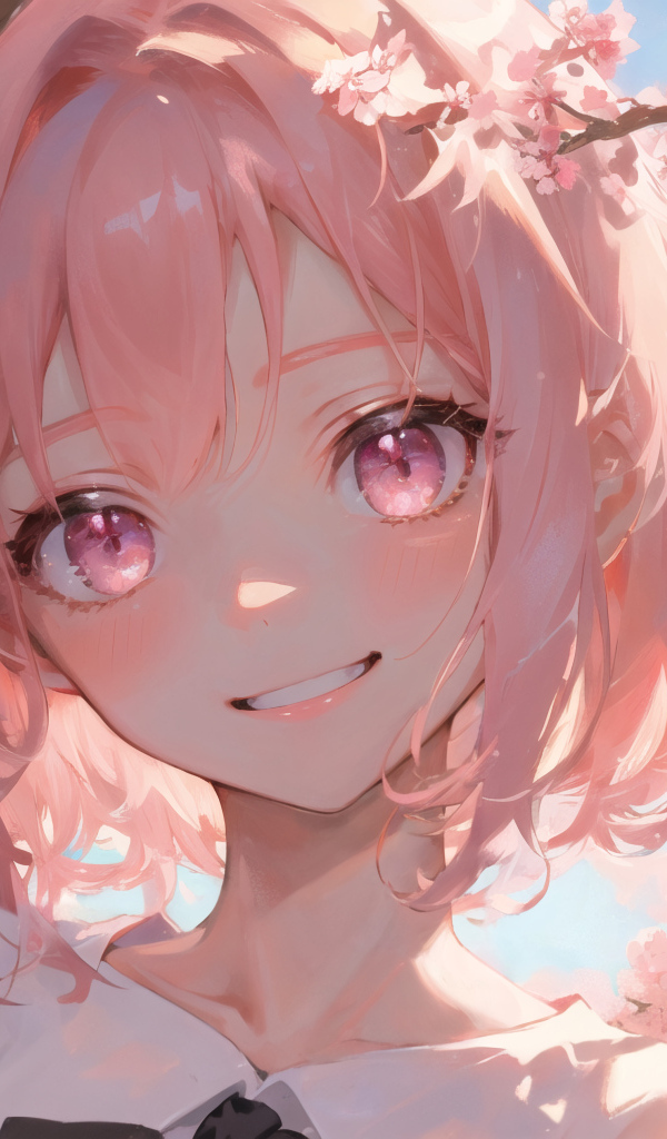 Улыбающаяся девушка аниме с розовыми волосами на фоне цветов