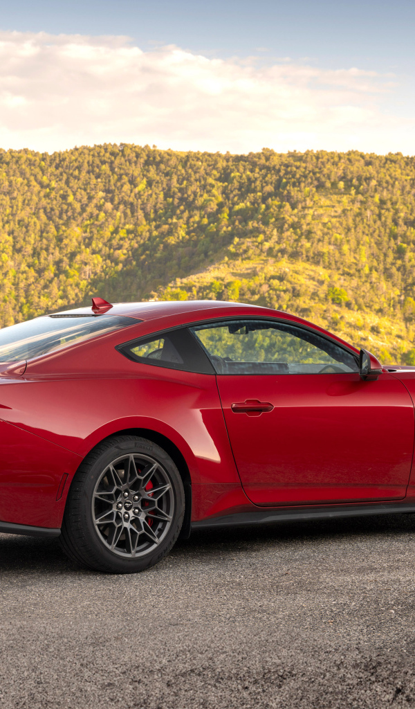 Красный автомобиль Ford Mustang GT 2024 года вид сзади