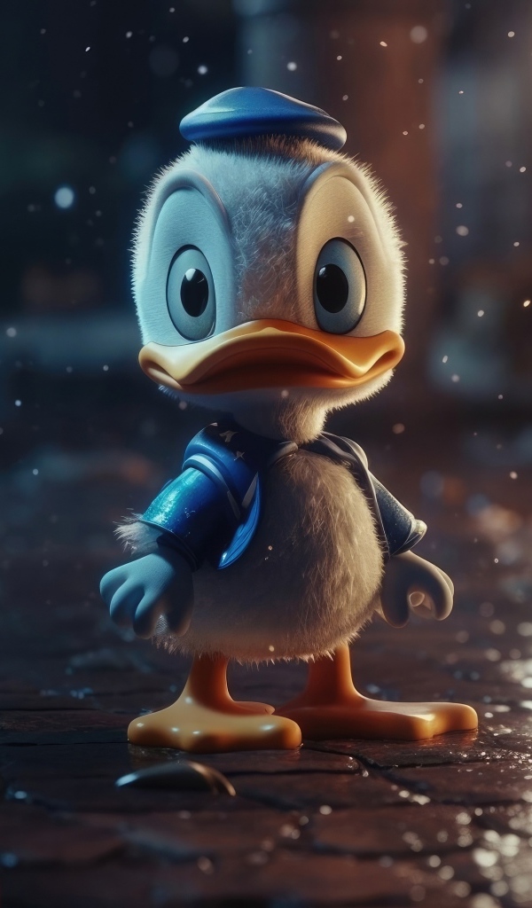Маленький Дональд Дак под дождем на улице