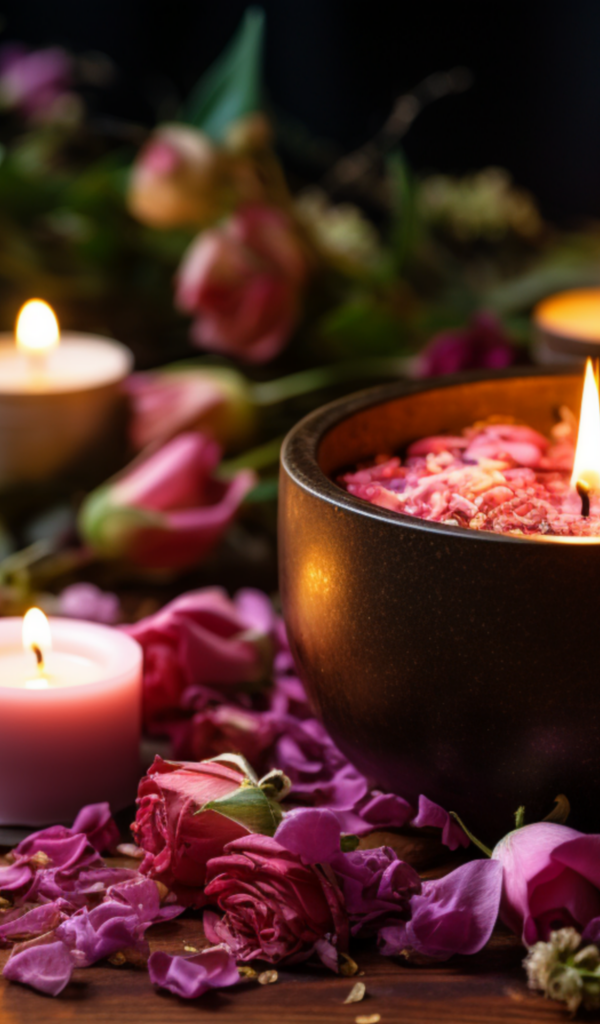 Зажженные свечи с бутонами роз на столе