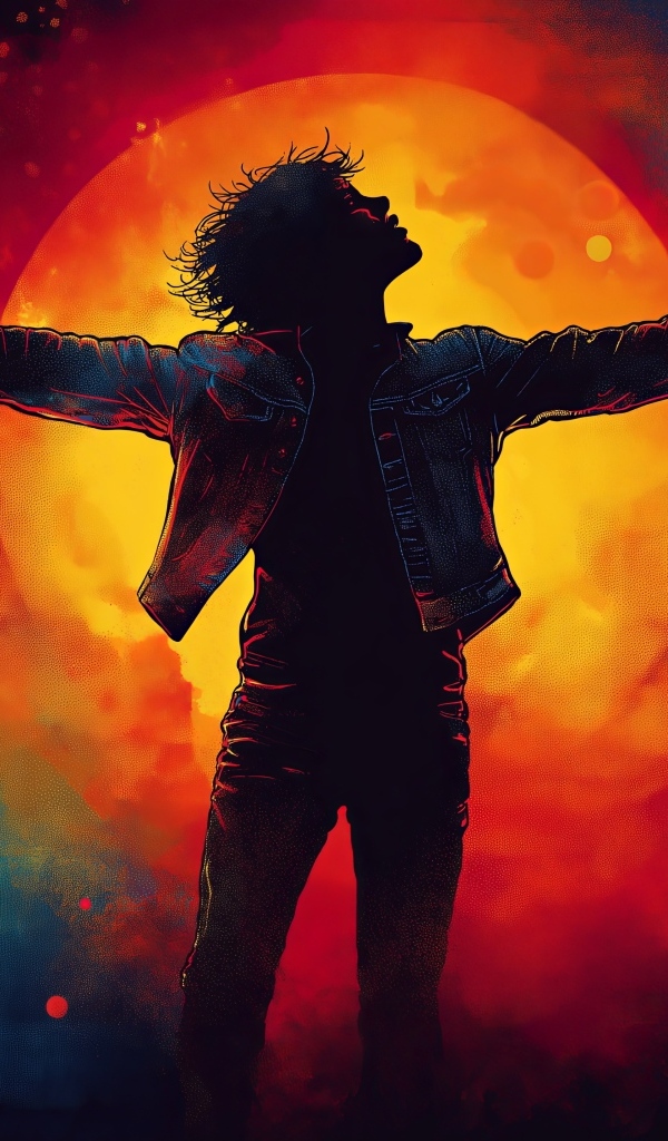Нарисованный мужчина на фоне огненной луны