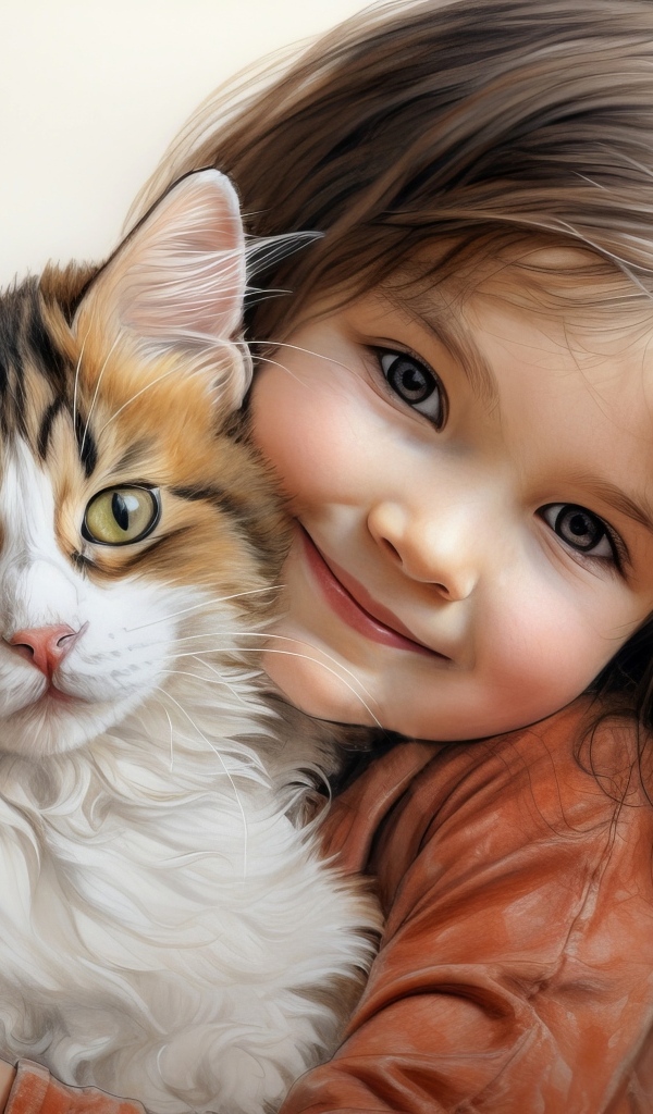 Красивая нарисованная девочка с котом