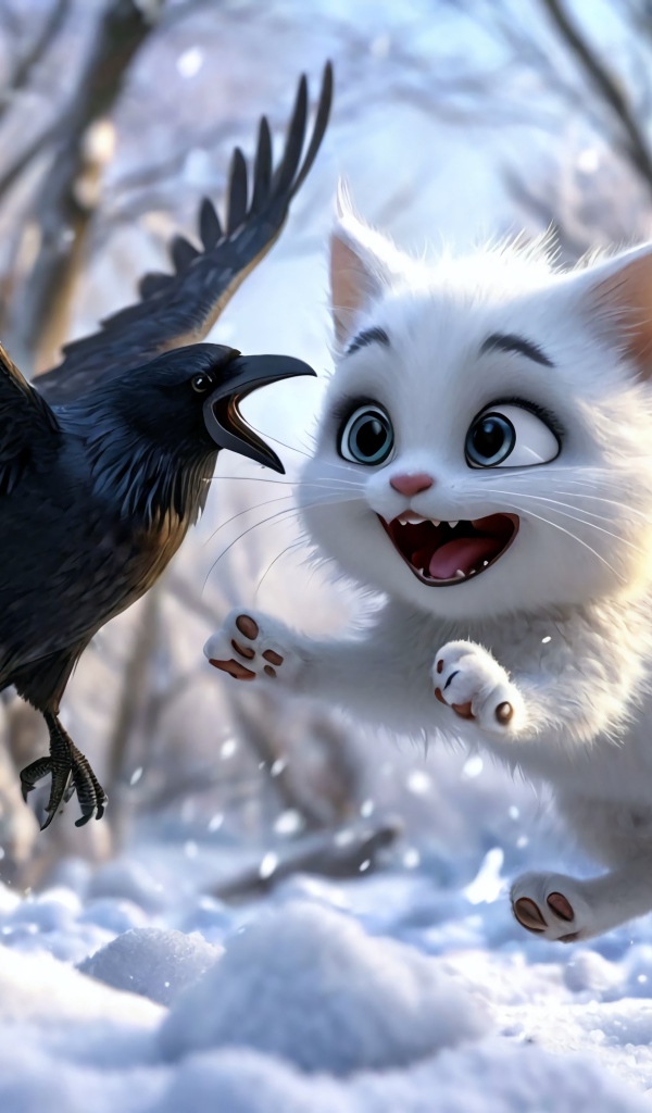 Нарисованный белый котенок играет с вороном