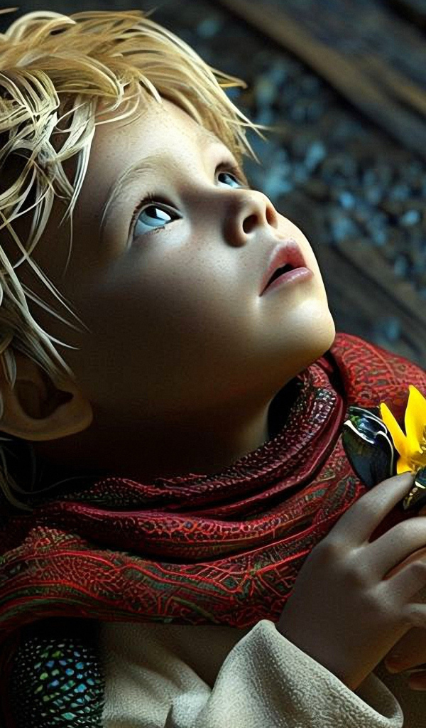 Маленький светловолосый нарисованныЙ мальчик с цветком