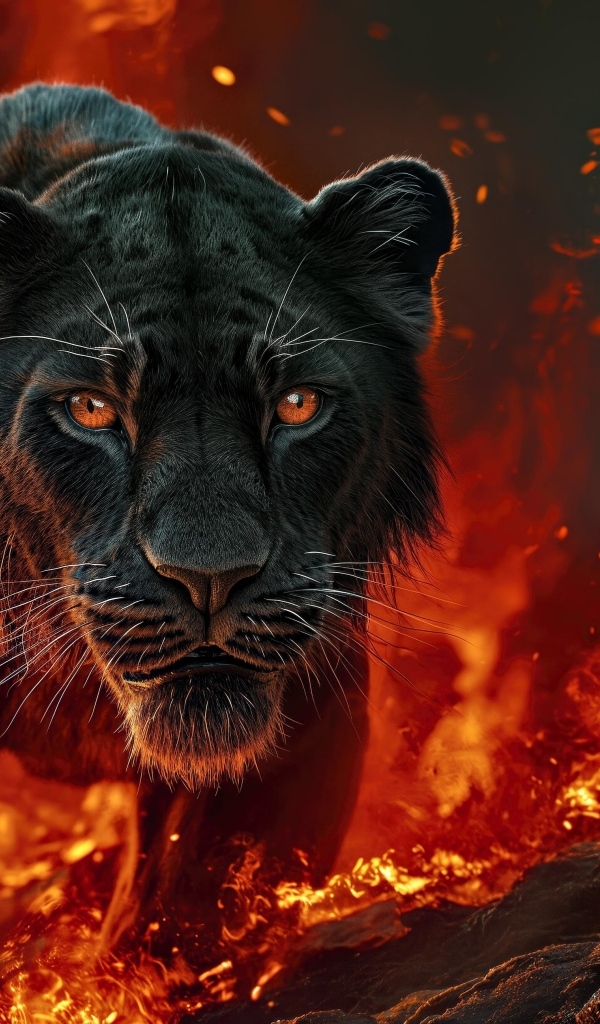 Черная пантера идет по огненной земле