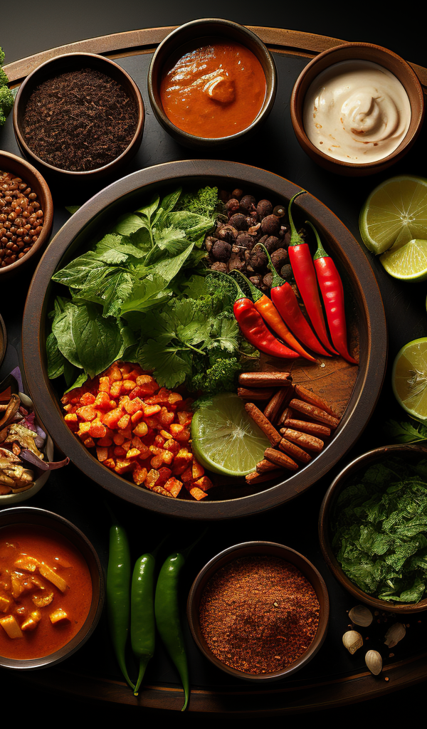 Ароматные специи, зелень и овощи на столе