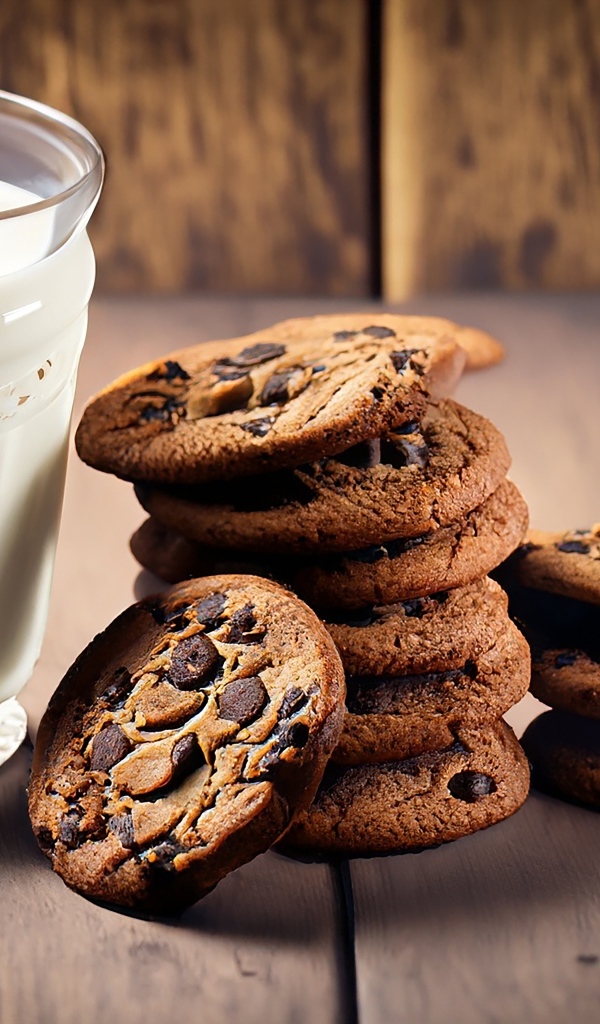 Стакан молока с круглым печеньем на столе