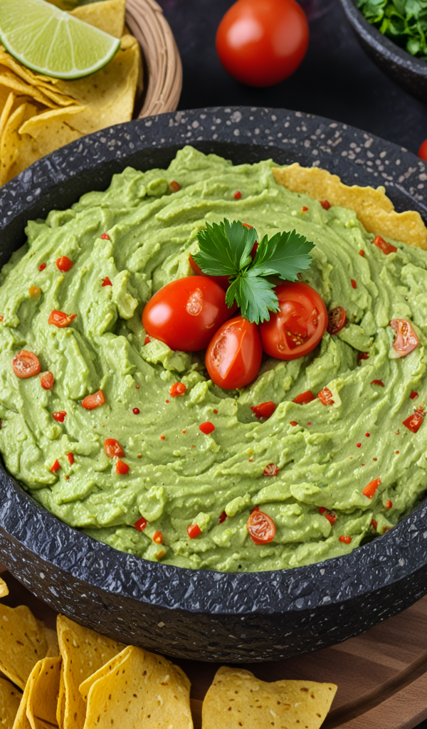 Закуска гуакамоле на столе с чипсами