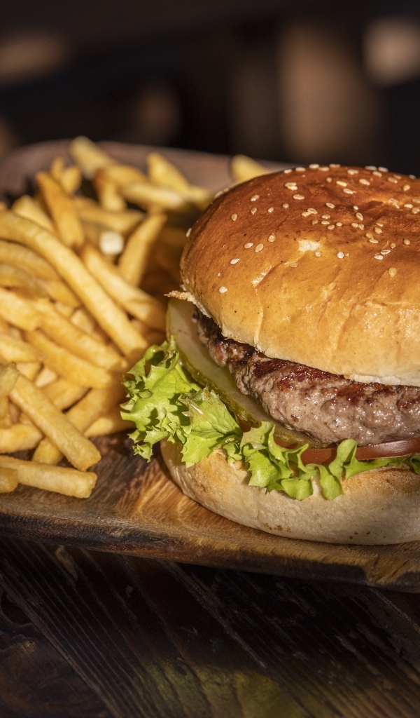 Гамбургер на тарелке с картошкой фри