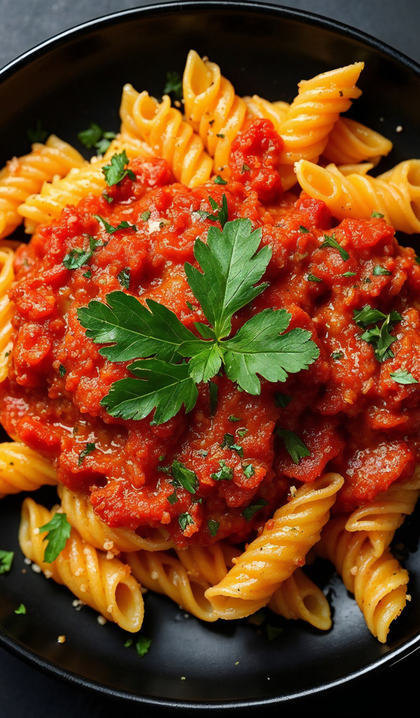 Макароны с томатной пастой на тарелке