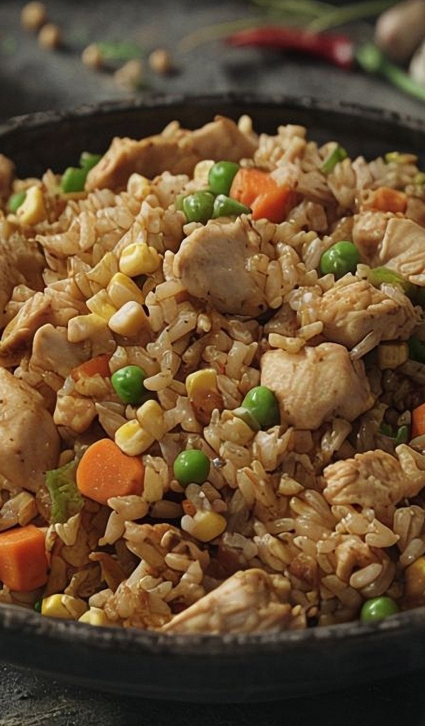 Рис с курицей в сковороде