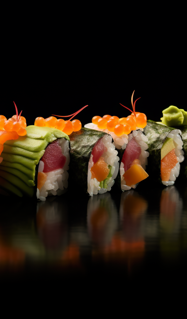 Роллы с красной рыбой и икрой на черном фоне