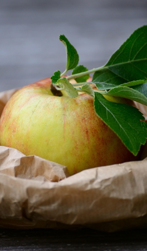 Яблоко с зелеными листьями на бумаге