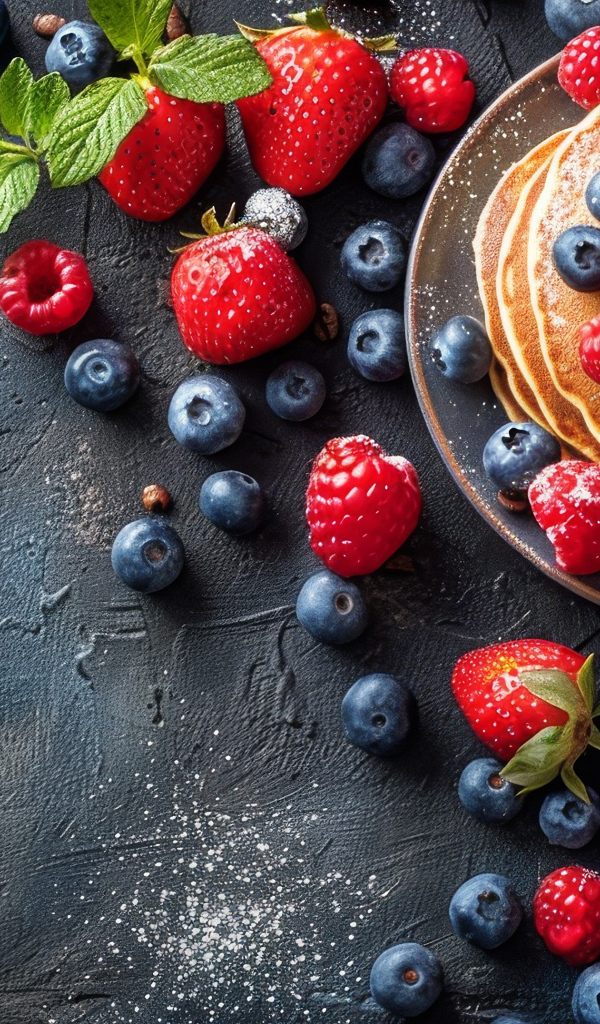 Ягоды черники, малины и клубники на сером столе