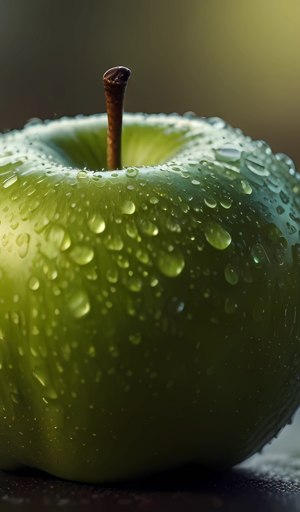 Крупное зеленое яблоко в каплях воды
