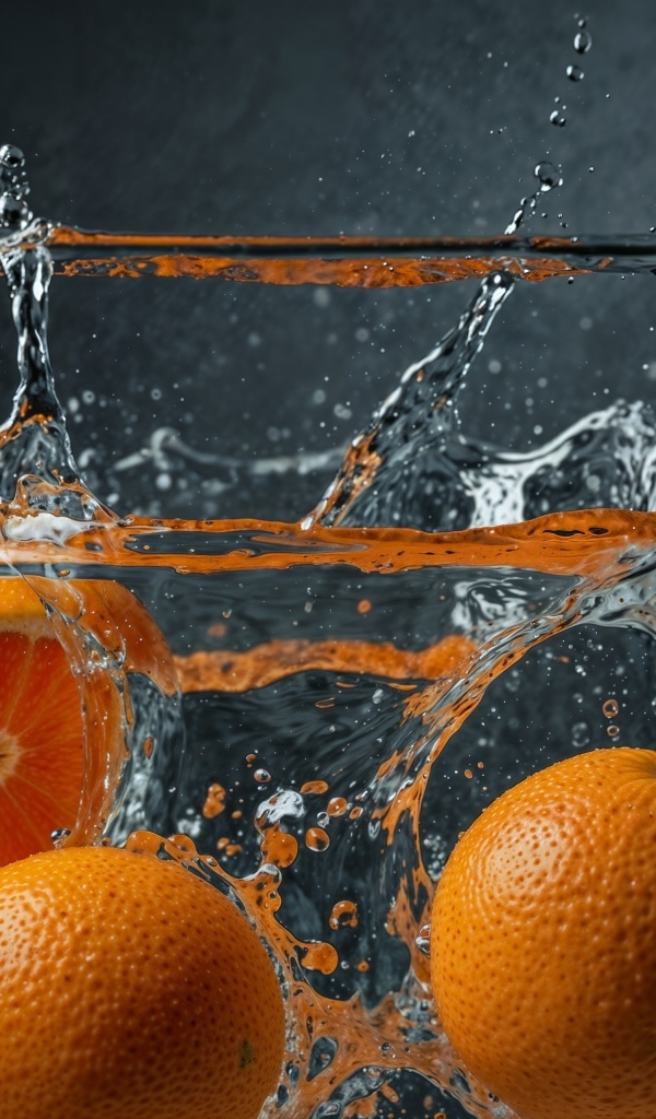 Апельсины падают в воду на сером фоне