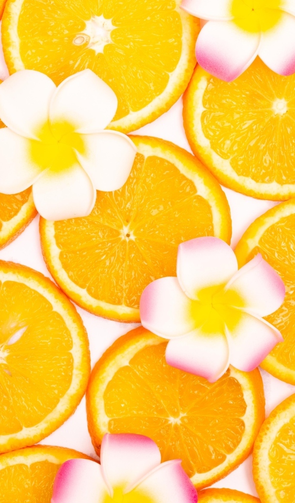 Нарезанный апельсин с цветами плюмерии для фона