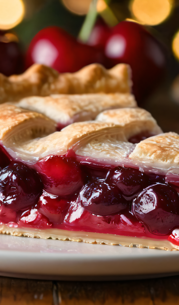 Кусок вишневого пирога на столе с ягодами