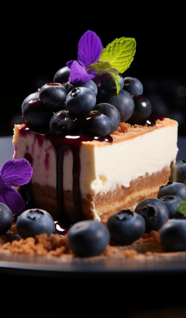 Кусок пирога с ягодами черники и листьями мяты