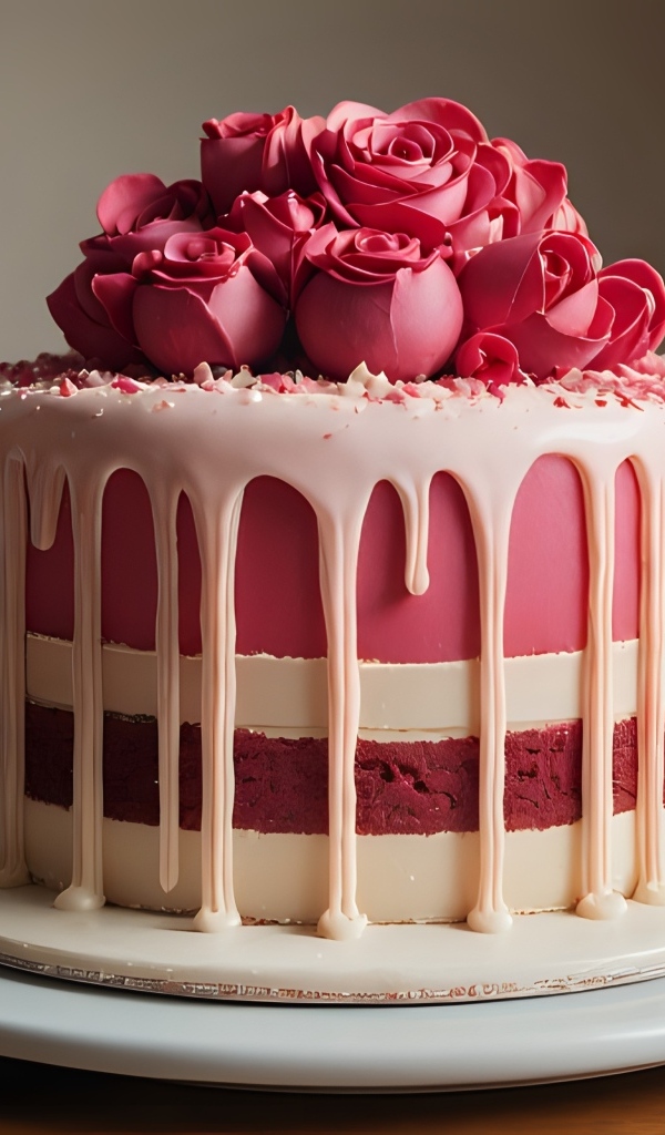 Красивый торт с кремовыми розами на тарелке