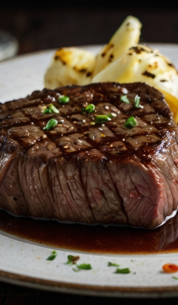 Кусок сочного стейка на тарелке на столе