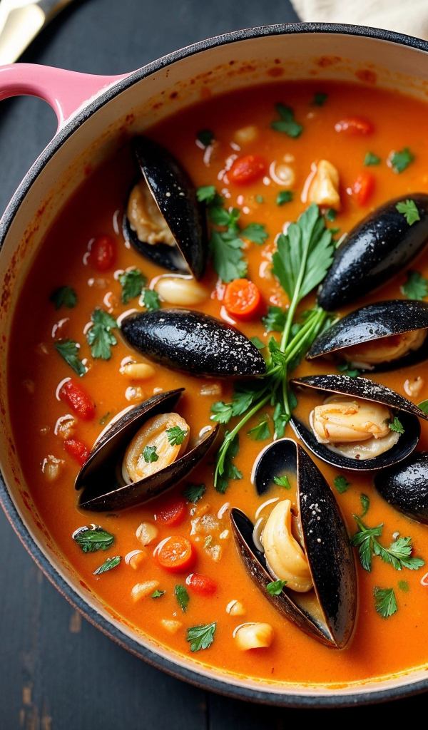 Томатный суп с мидиями на столе