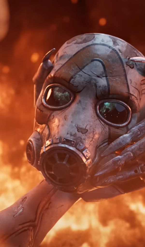 Маска в руках на фоне огня в видеоигре Borderlands 4