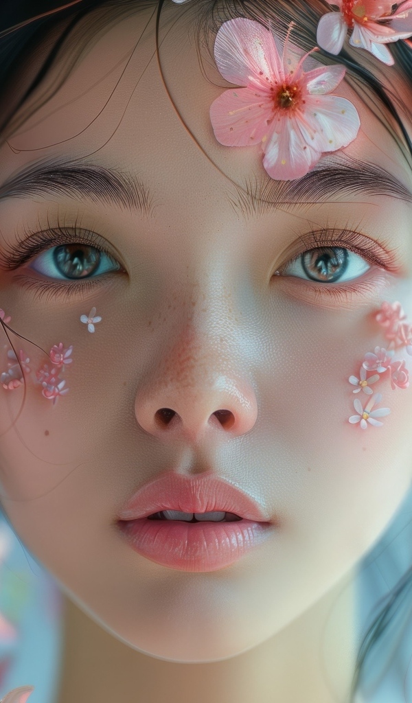 Красивая девушка азиатка с розовыми цветами сакуры