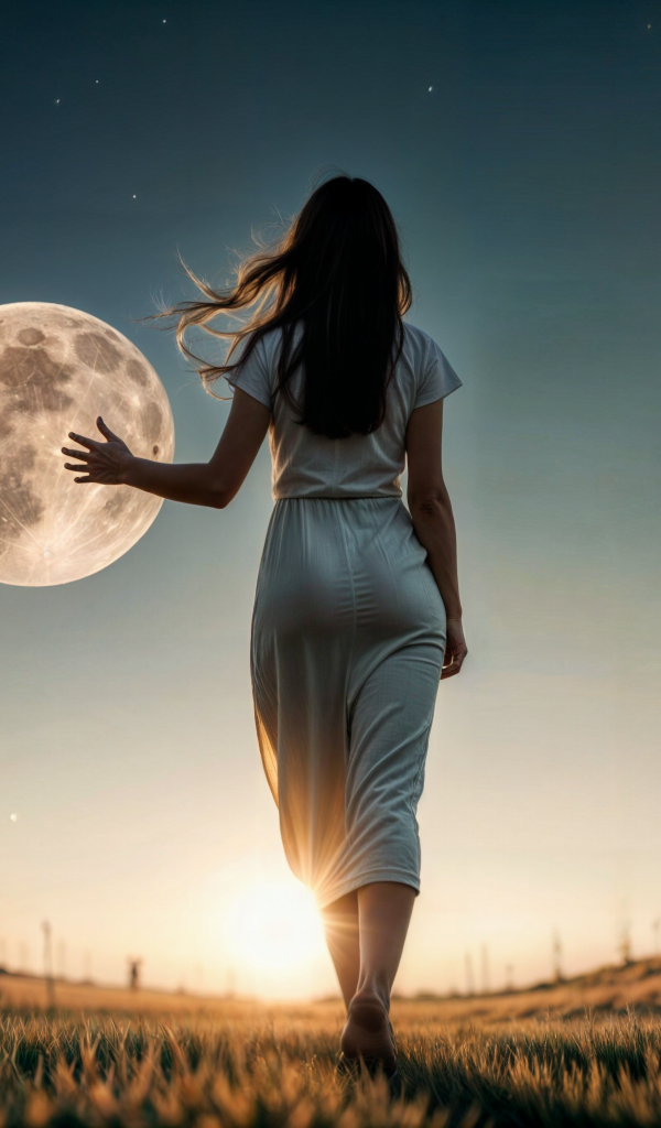 Девушка трогает луну рукой