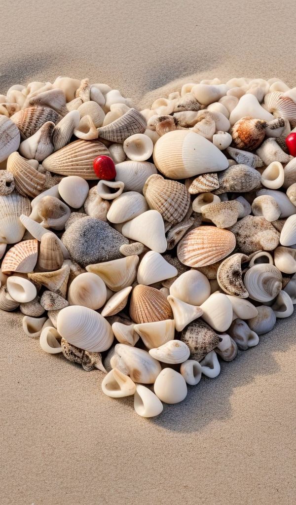 Красивое сердце из маленьких ракушек на песке