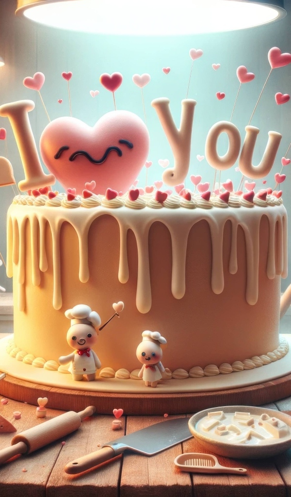 Торт с надписью Я тебя люблю на кухне на столе