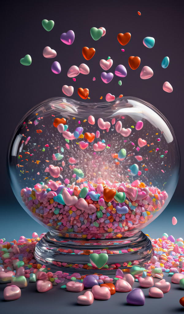 Стеклянный сосуд с маленькими разноцветными сердечками