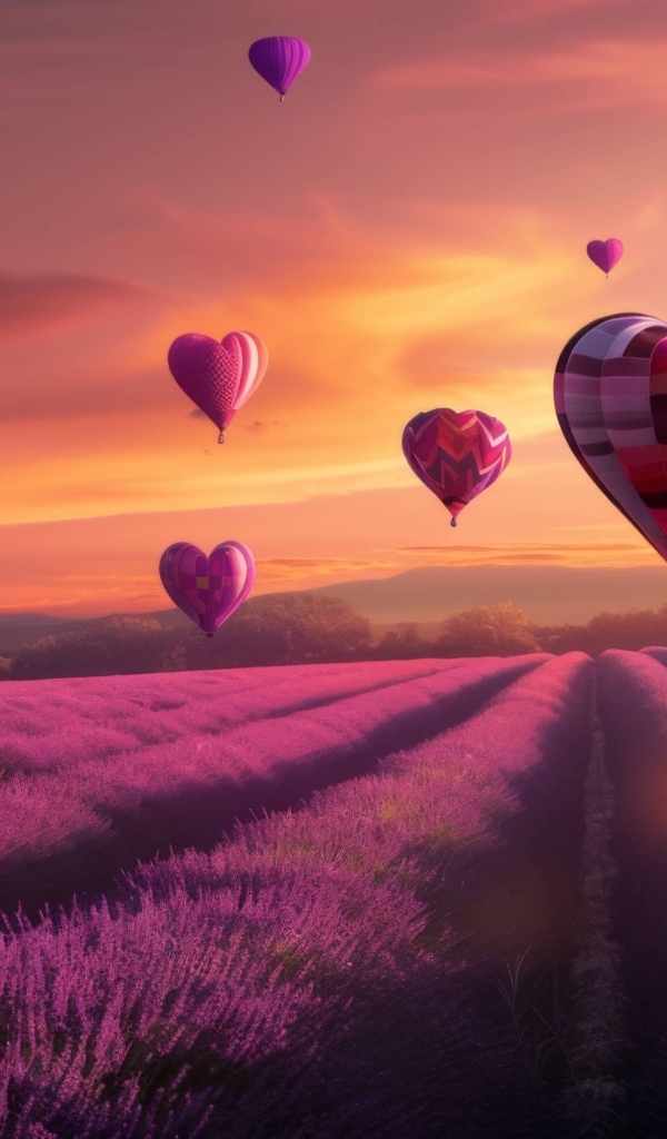 Воздушные шары в форме сердца над лавандовым полем