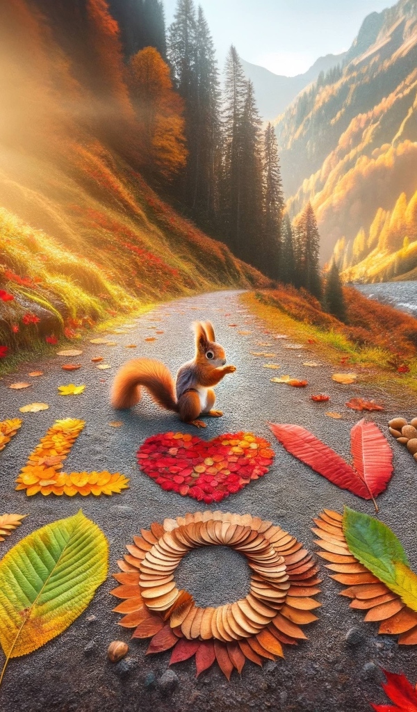 Надпись из листьев на дороге Я тебя люблю