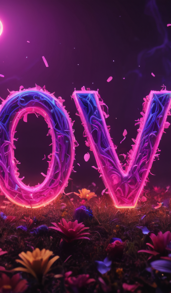 Надпись любовь в свете луны с волшебными цветами