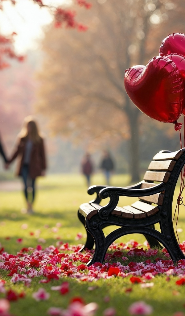 Лавка в парке с шариками в форме сердца