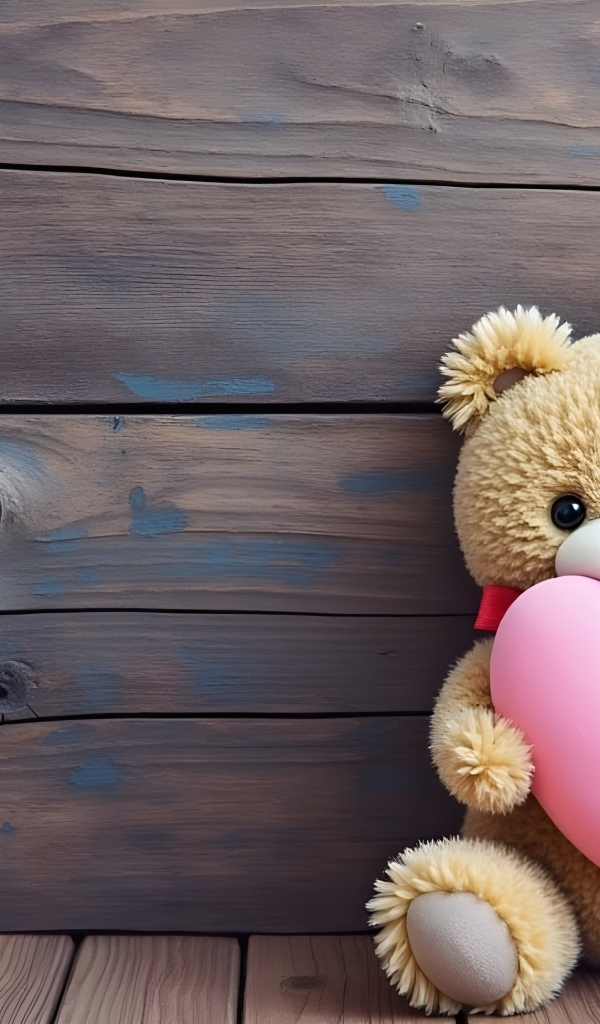 Маленький плюшевый мишка с розовым сердцем у стены