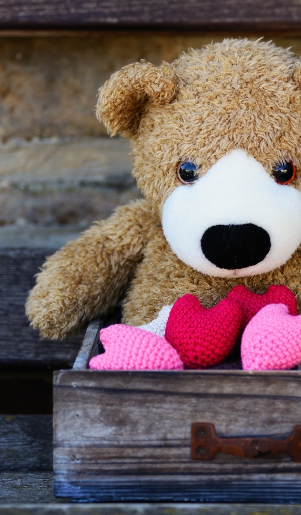 Игрушечный медвежонок с сердечками в деревянном ящике