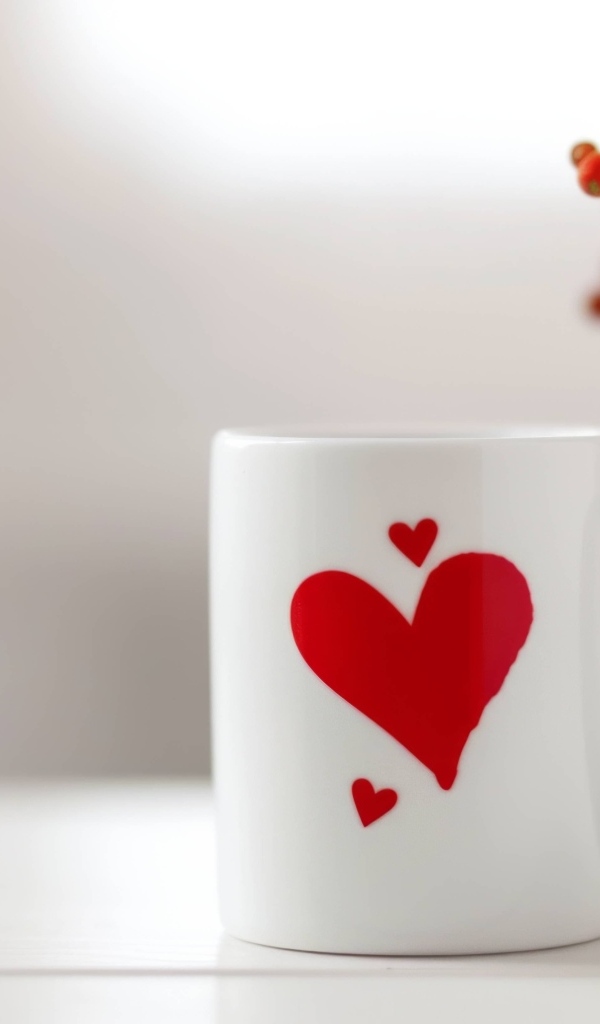 Белая кружка с красным сердцем на столе