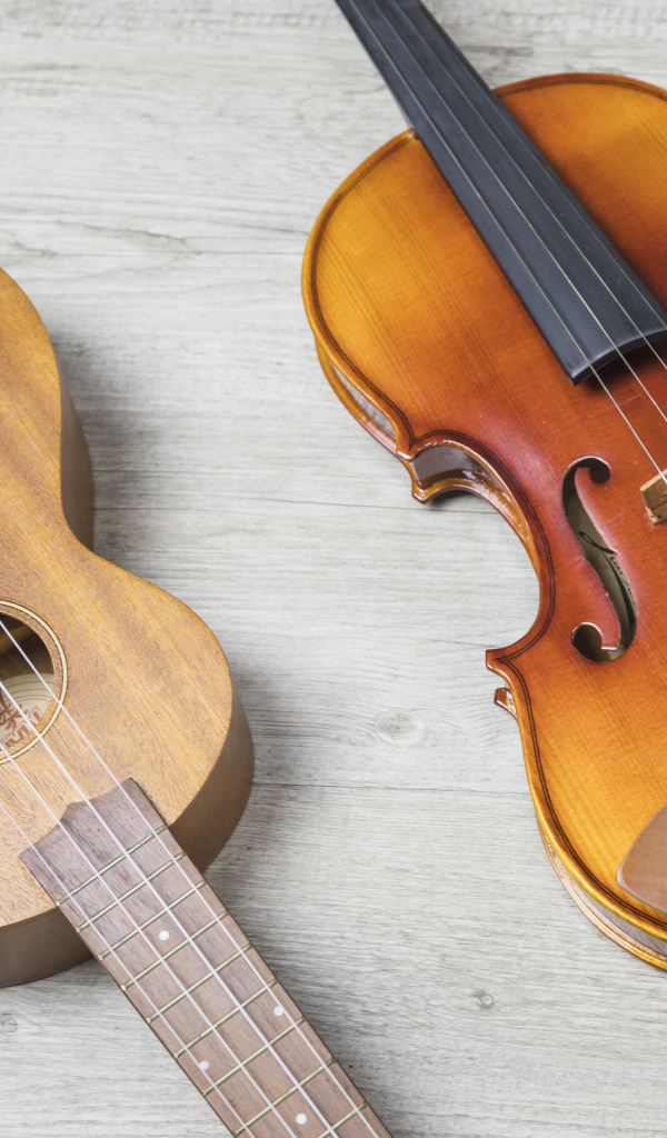 Скрипка и гитара на деревянном фоне